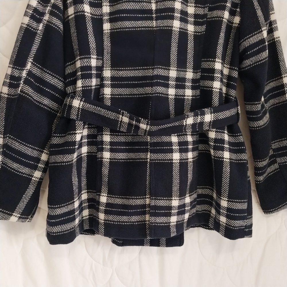 Bongo Womens Large Belted Brushed Soft Button-Down Plaid Navy Blue White Jacket - Picture 15 of 15